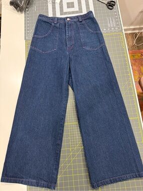 Handmade Wide Leg High Waist, Magenta Topstitching Jeans